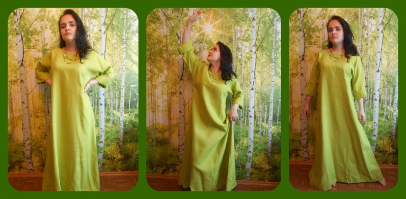 Солнечно-зелёное льняное платье в стиле...